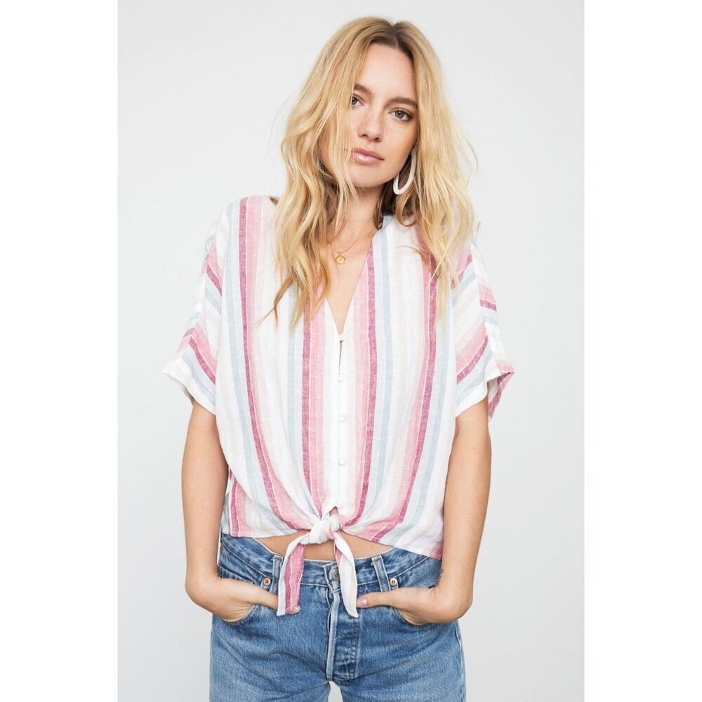 RAILS Thea Tropic Stripe Linen Pink Blue Metallic Button Up Front Tie Top Medium